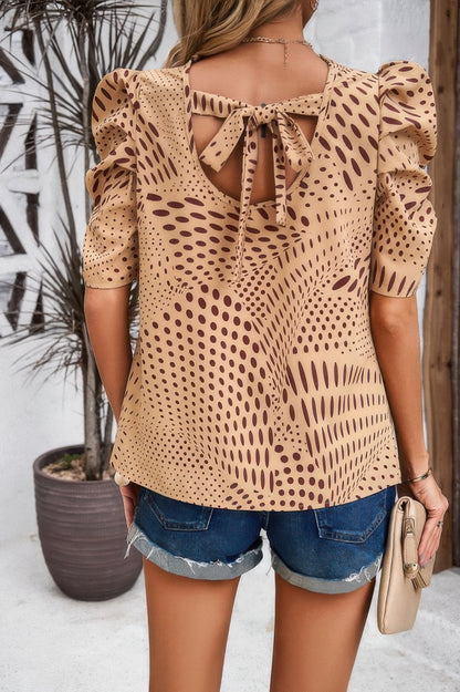 Puff Sleeves Allover Print Knot Loose Fit Top