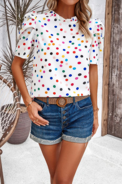 Puff Sleeves Allover Print Knot Loose Fit Top