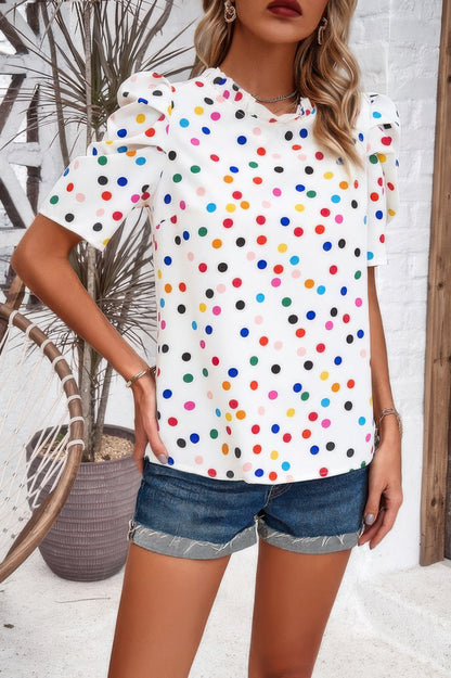 Puff Sleeves Allover Print Knot Loose Fit Top