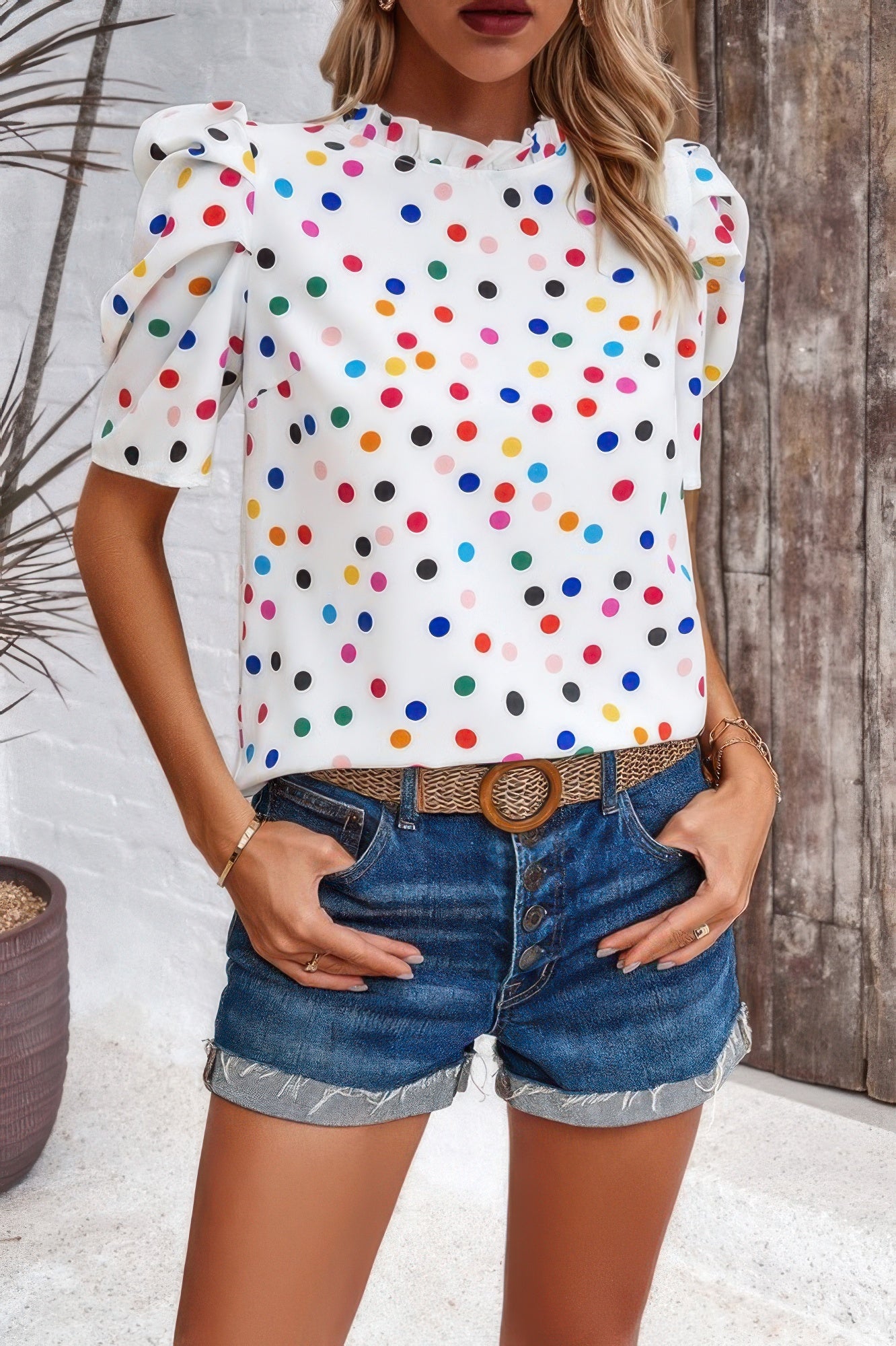 Puff Sleeves Allover Print Knot Loose Fit Top