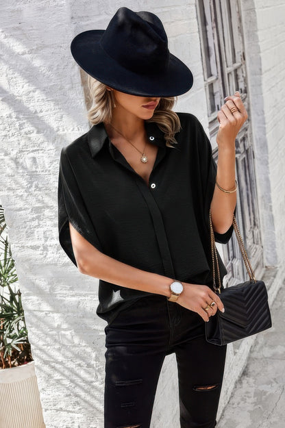 Solid Front Open Button Loose Fit Blouse