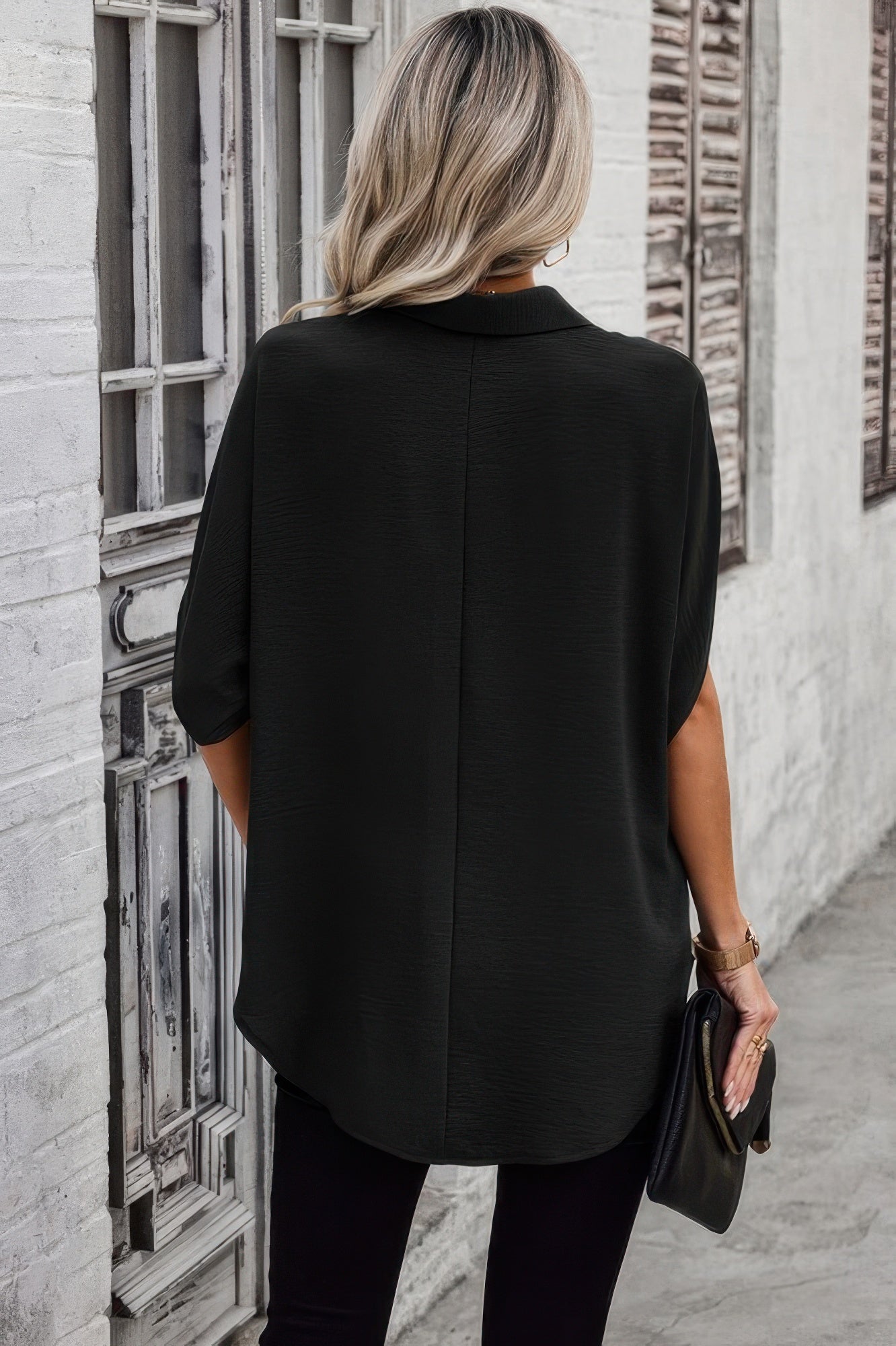 Solid Front Open Button Loose Fit Blouse