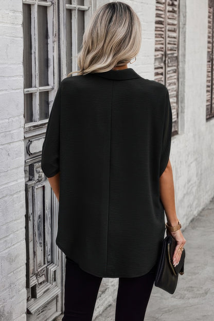 Solid Front Open Button Loose Fit Blouse