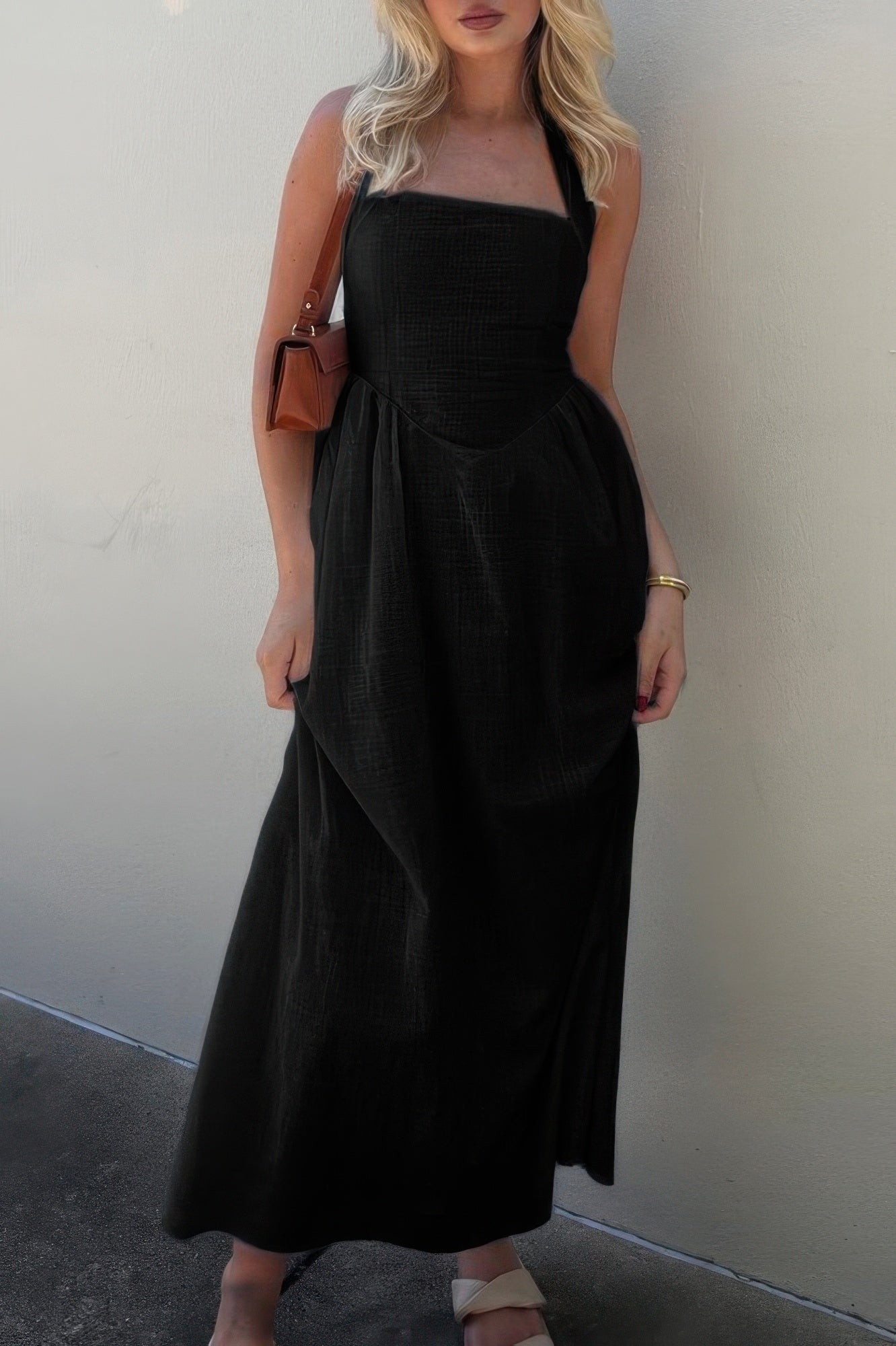 Halter Solid Pockets Sleeveless A Line Long Dress