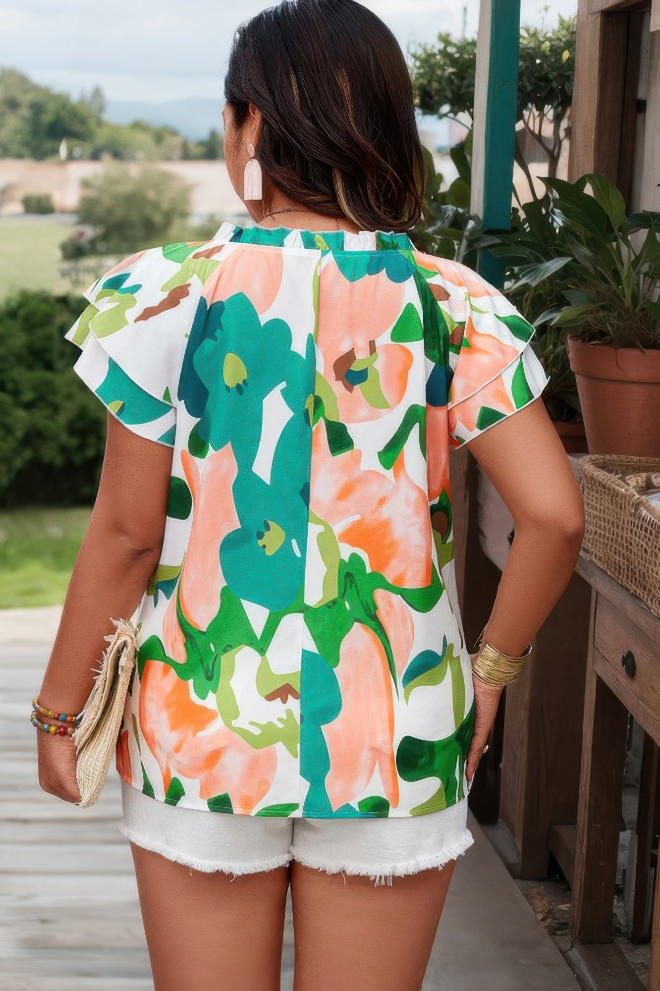 Plus Random Print Ruffled Sleeve Boho Blouse