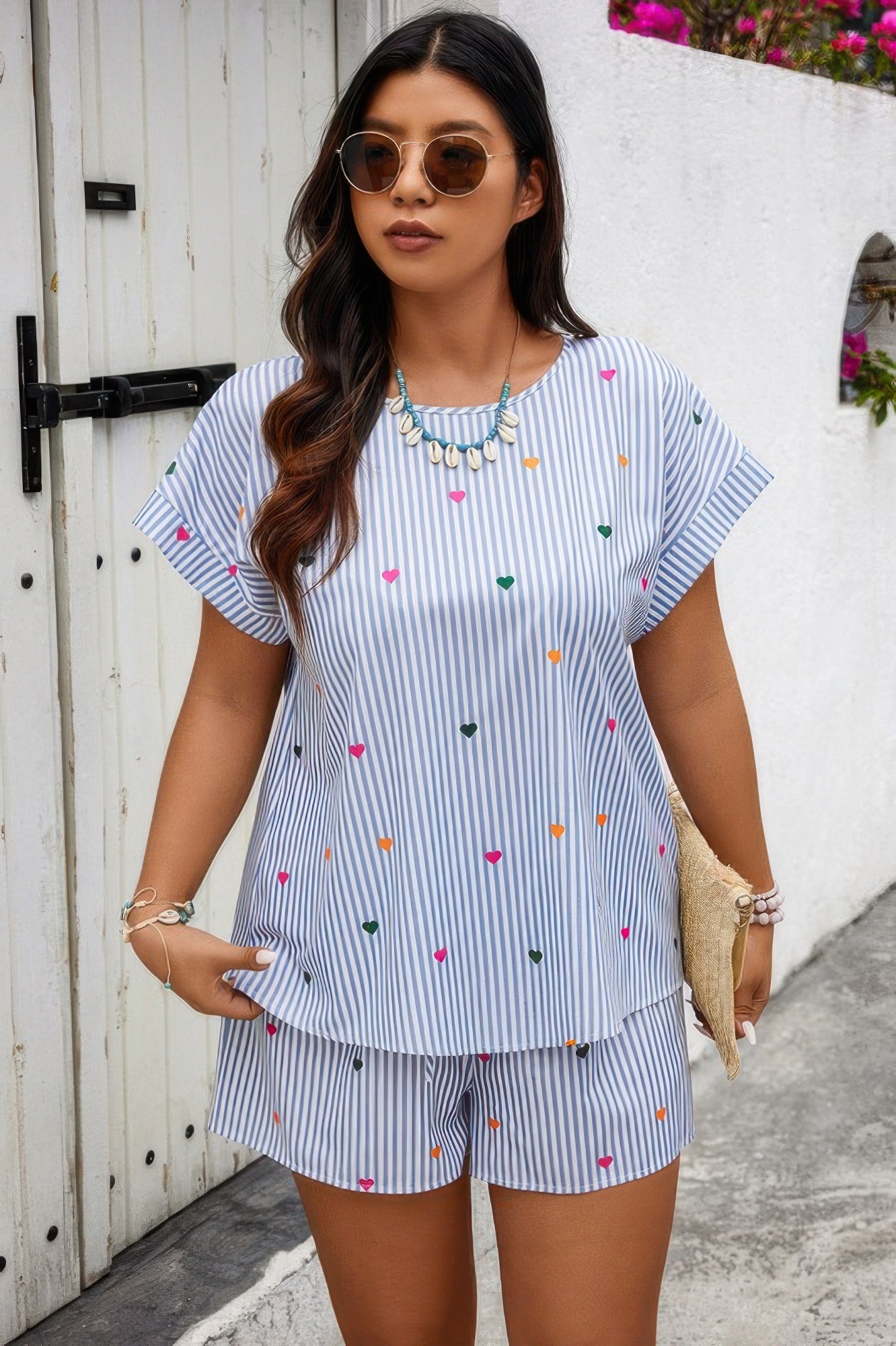 Heart Print Plus Size Two Pieces Strip Loose Sets