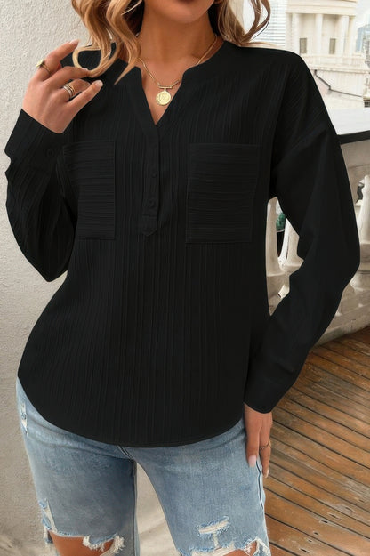 Solid Buttons V Neck Elegant Front Pockets Blouse