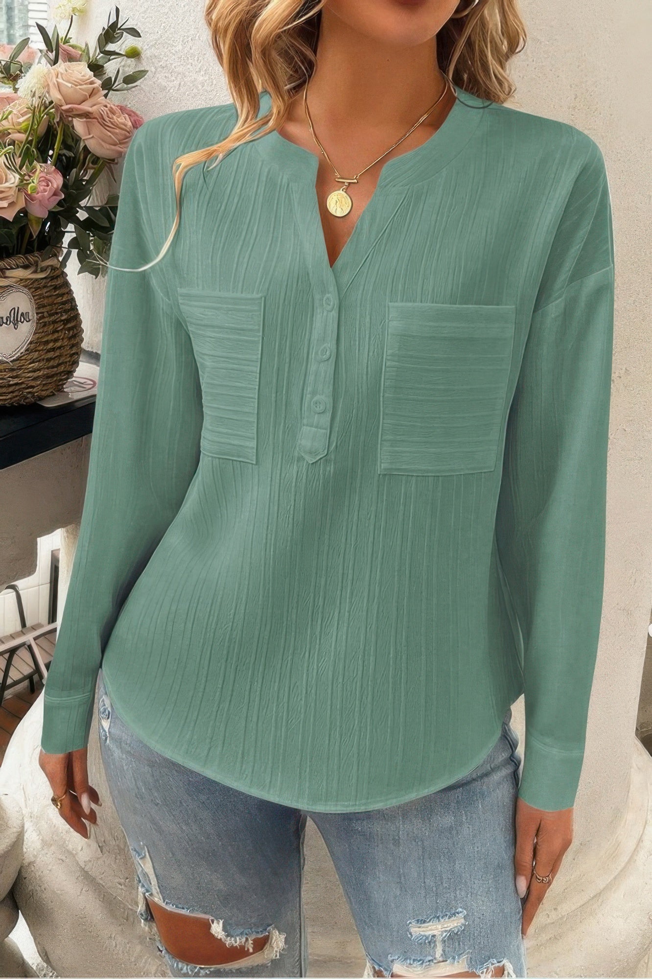 Solid Buttons V Neck Elegant Front Pockets Blouse