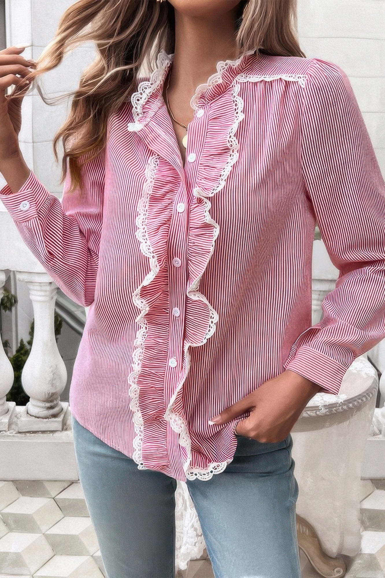Striped Lace Mock Neck Ruffle Trim Blouse