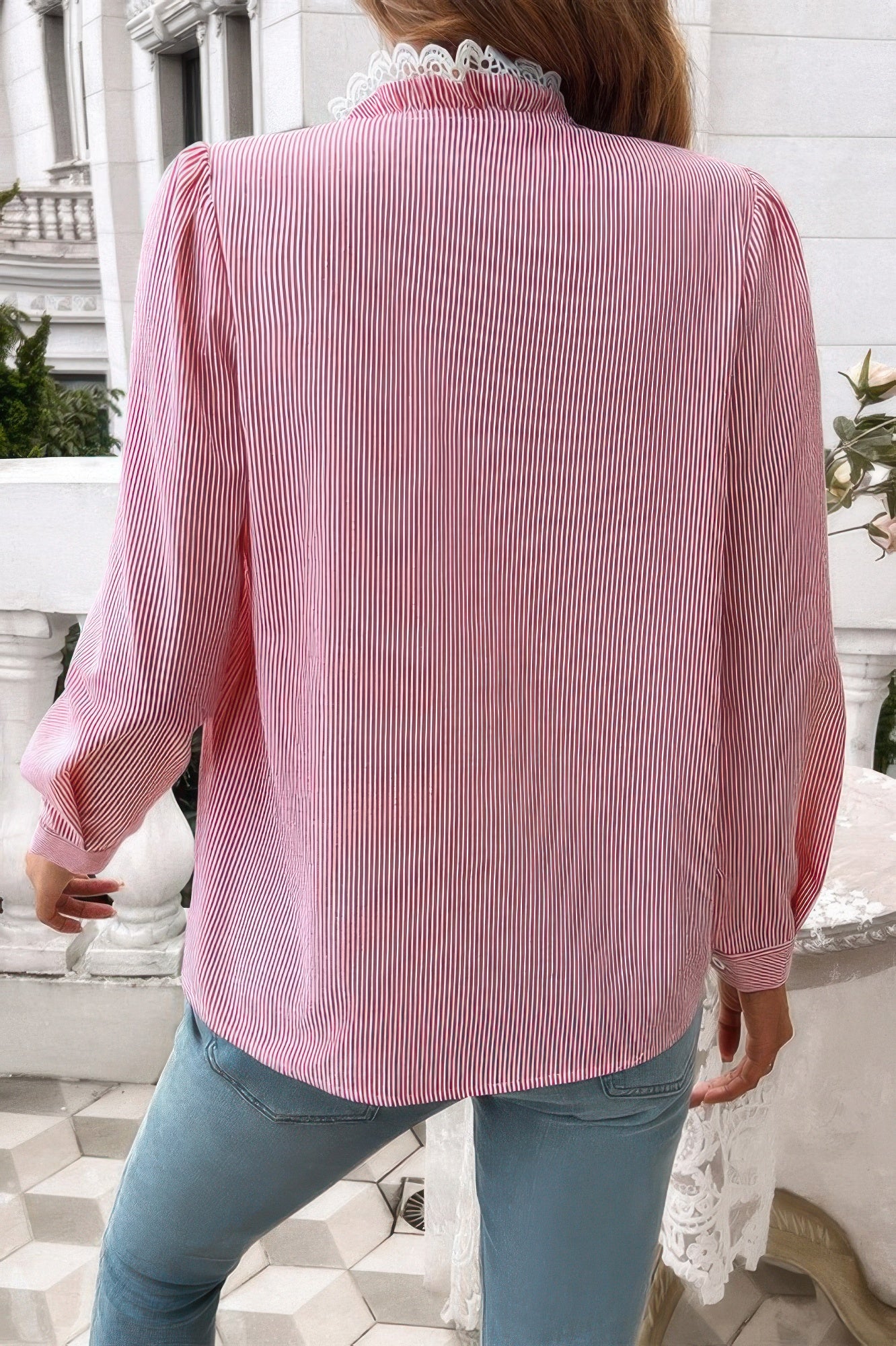 Striped Lace Mock Neck Ruffle Trim Blouse