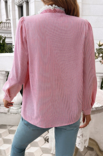 Striped Lace Mock Neck Ruffle Trim Blouse