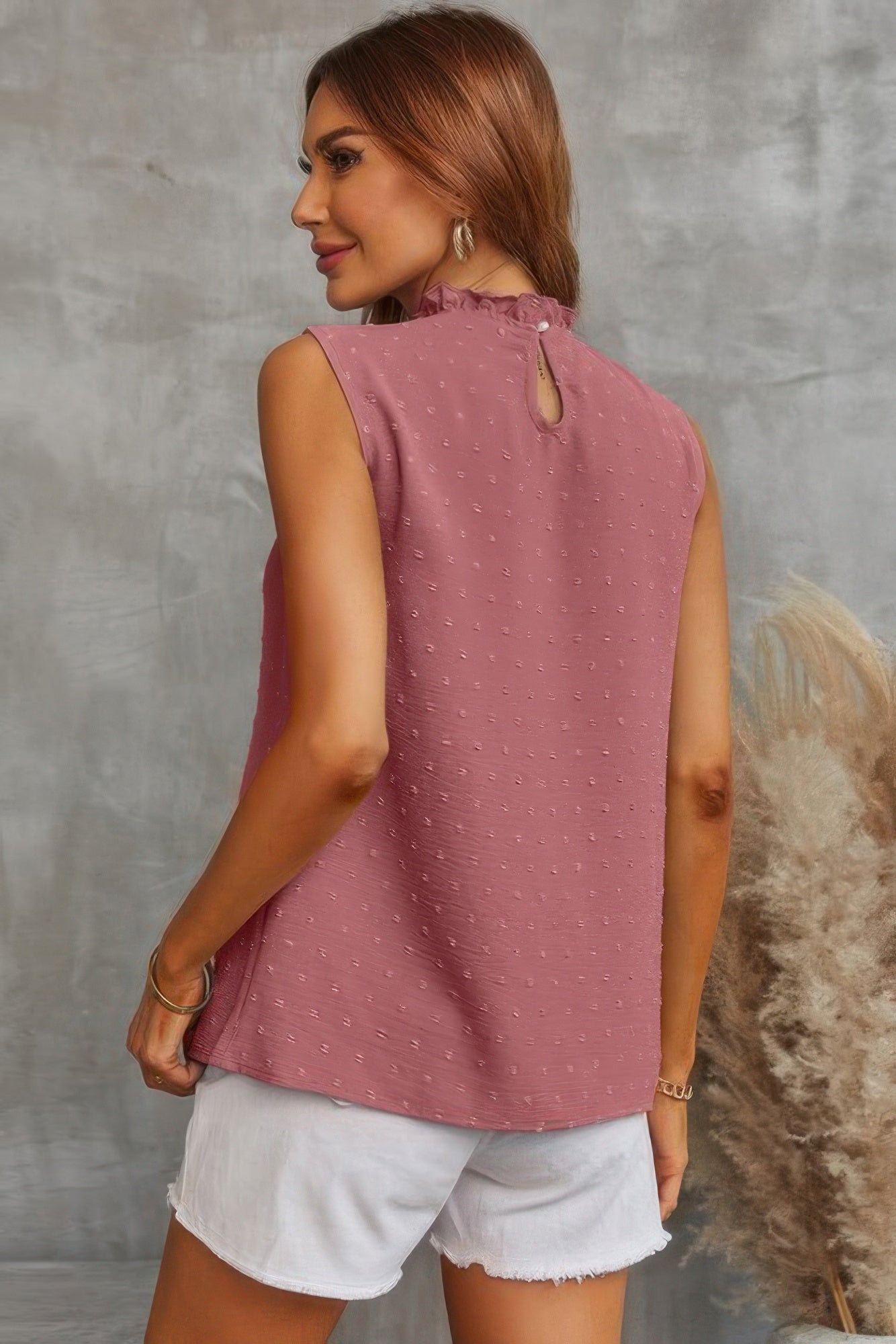 Sleeveless Swiss Dot Ruched Loose Fit Blouse