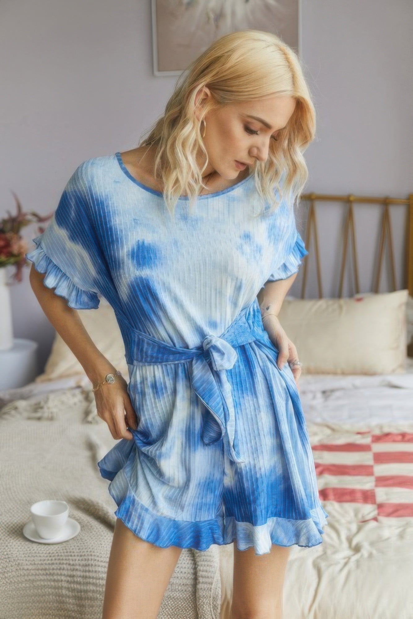 Tie Dye Ribbed Ruffle Tie Waist Pleated Romper