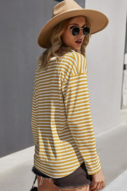 V Neck Short Sleeve Striped Tunic Shirt