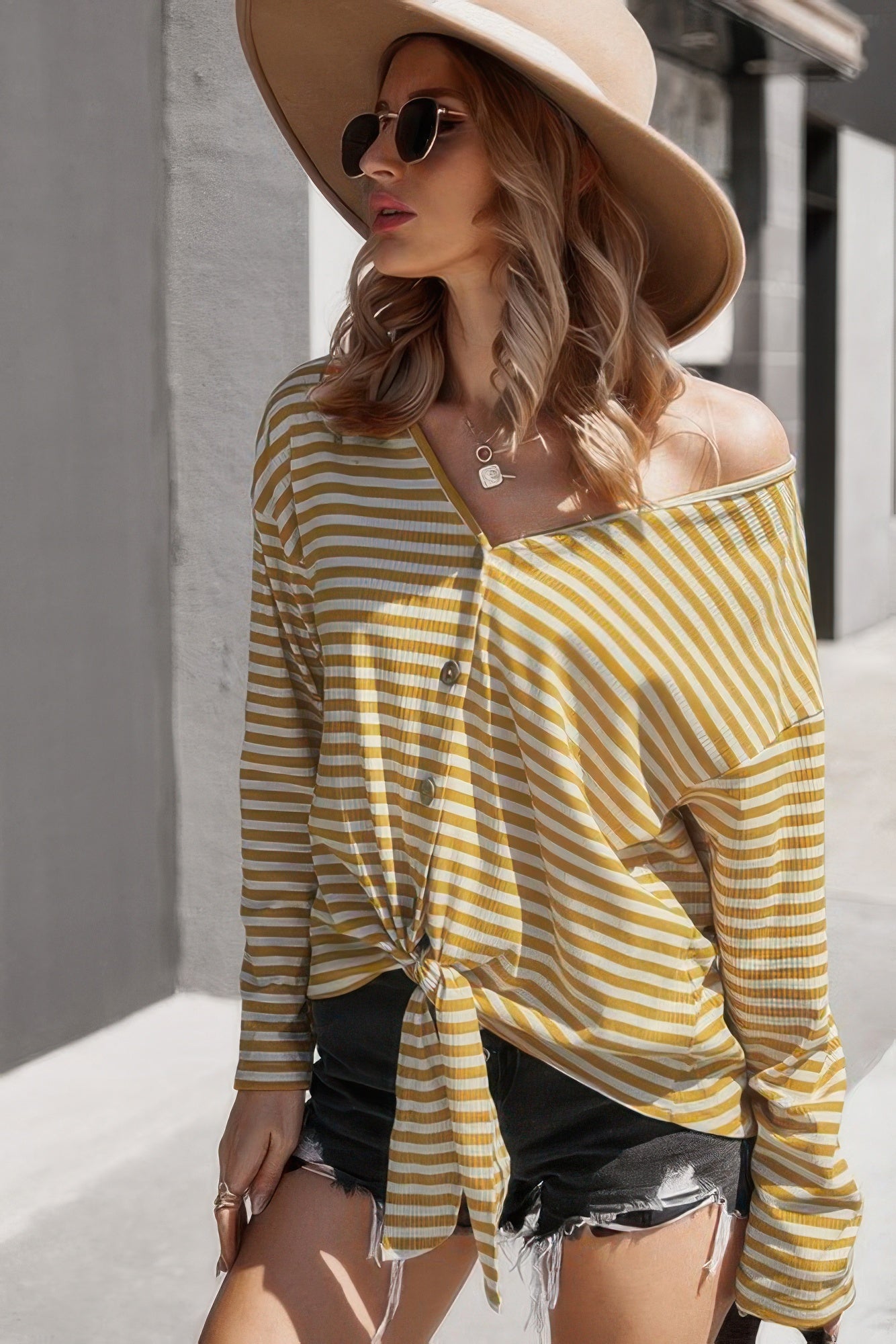 V Neck Short Sleeve Striped Tunic Shirt