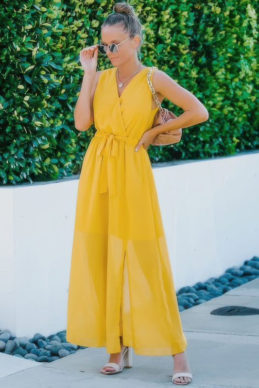 Solid Cross V Neck Sleeveless Tie Waist Split Dress