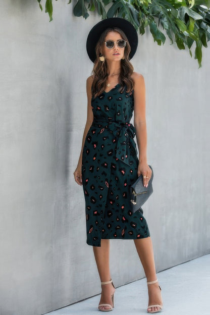 Sleeveless Print Split Thigh Belted Cami Dress