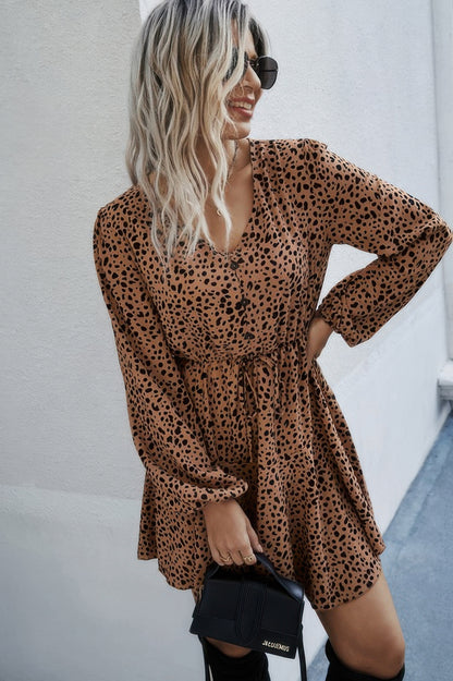 Leopard Print Waist Tie Belted Ruffle Hem Dress