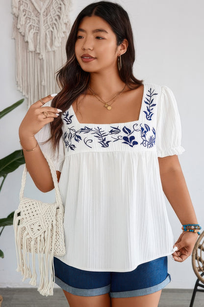 Plus Square Neck Floral Print Pleasted Puff Blouse