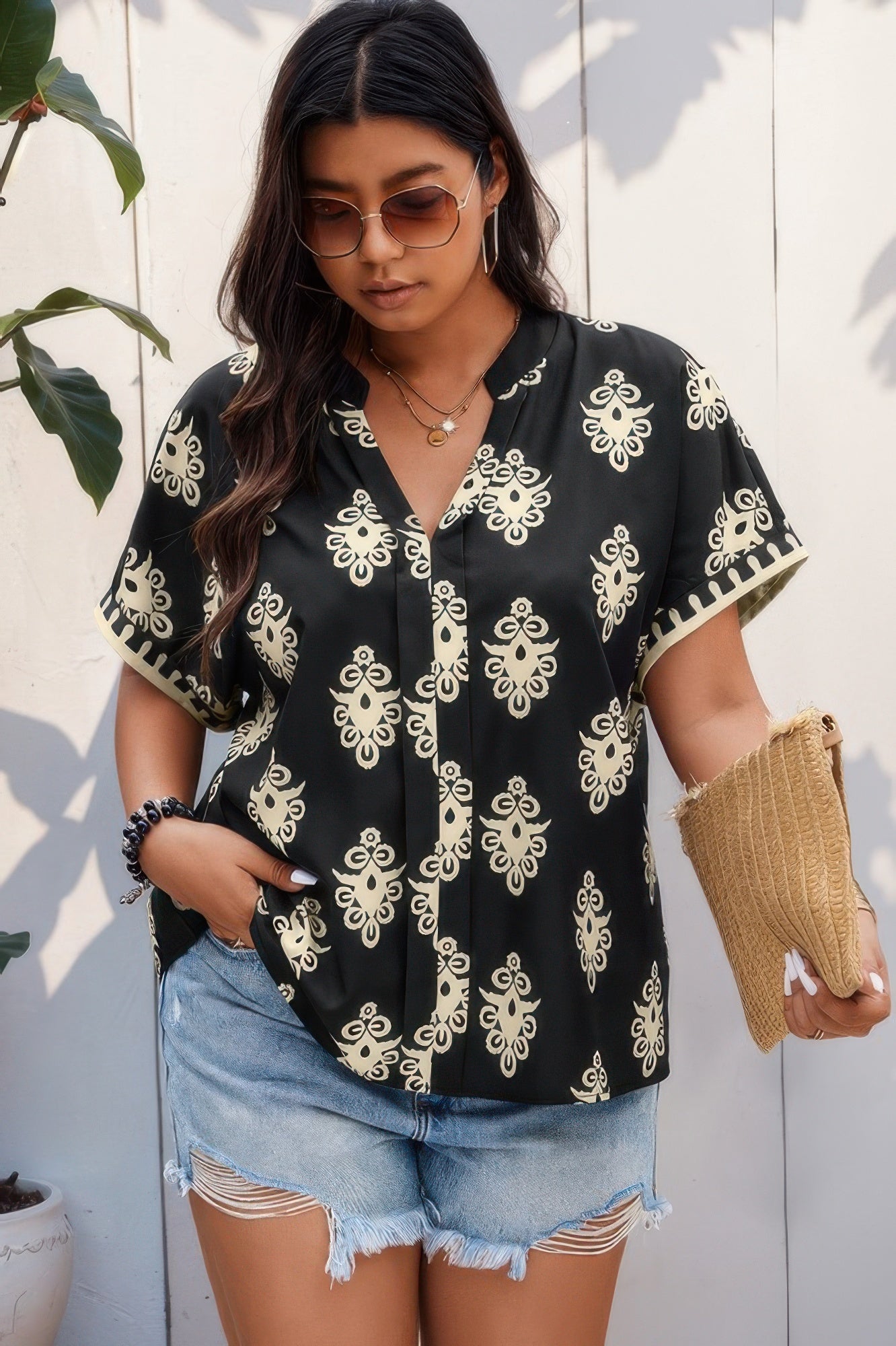 Plus Size Short Sleeve V Neck Printed Blouse
