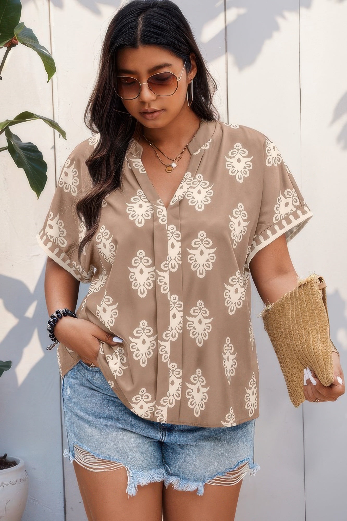 Plus Size Short Sleeve V Neck Printed Blouse