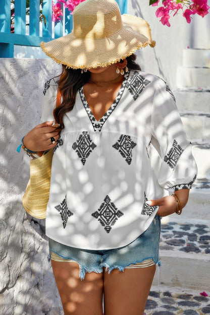 Plus V Neck Geometric Printed Embroidered Peplum Shirt