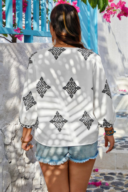 Plus V Neck Geometric Printed Embroidered Peplum Shirt