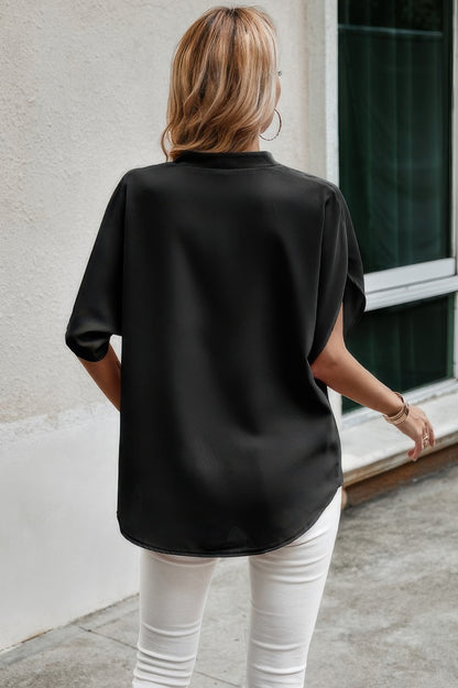Notched Neck Solid Loose Fit Half Sleeve Blouse