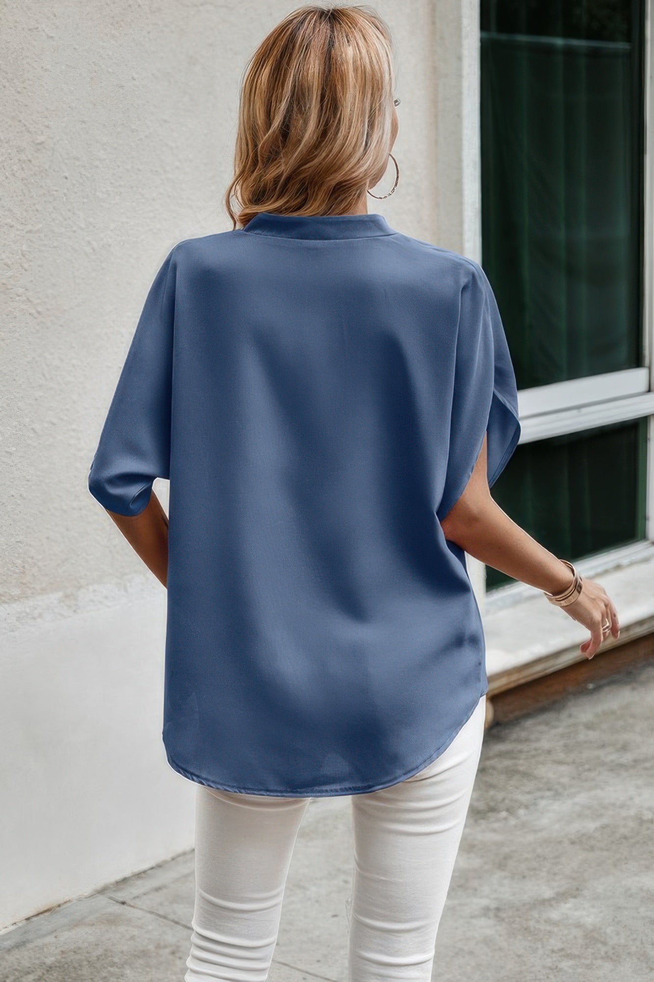 Notched Neck Solid Loose Fit Half Sleeve Blouse
