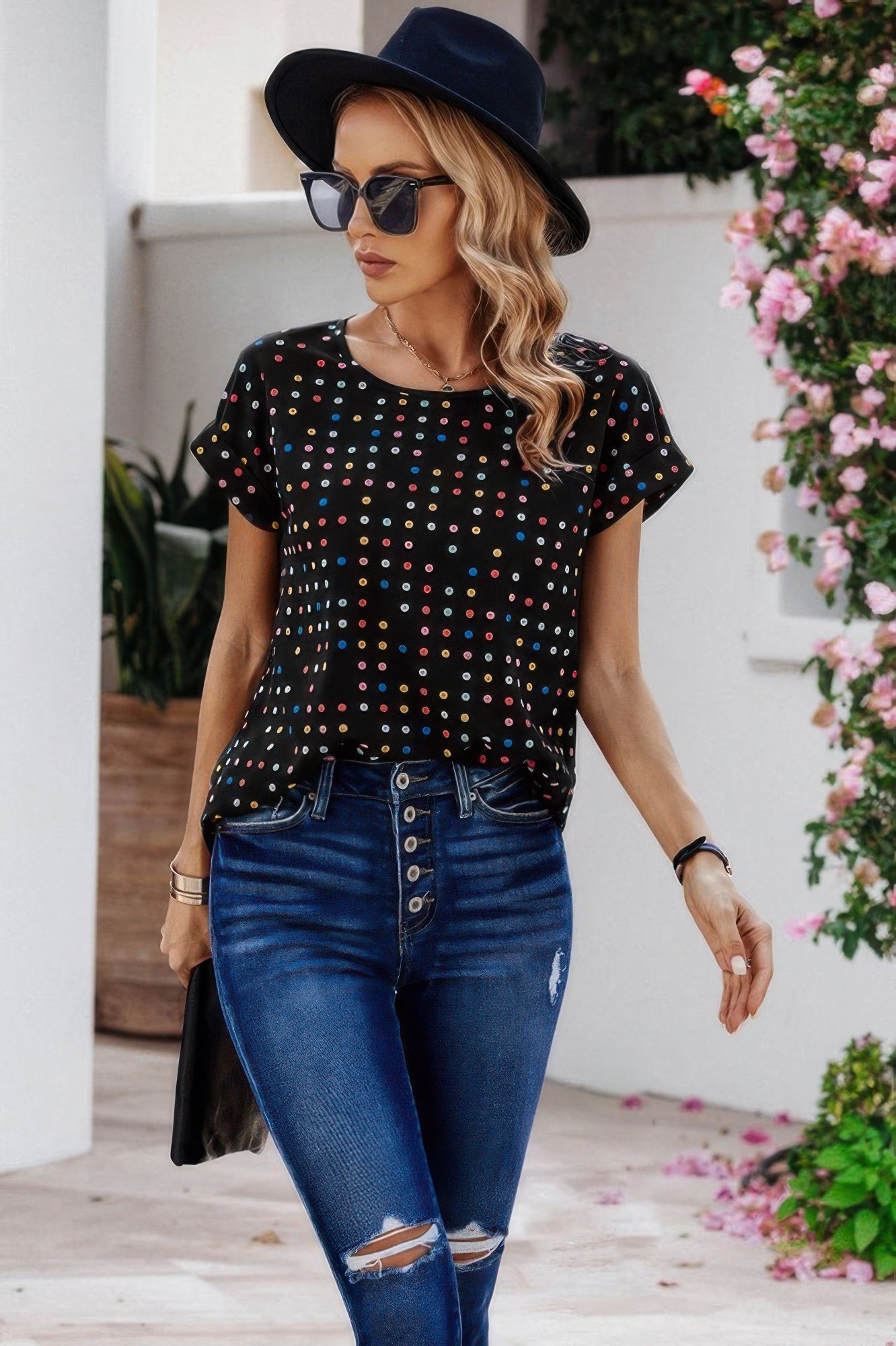 Scoop Neck Polka Dot Batwing Sleeve Blouse
