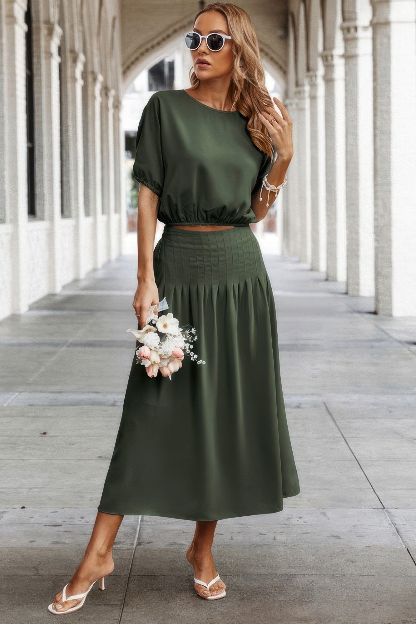 Two Pieces Solid Color Loose Puff Sleeve Pleated Shirt