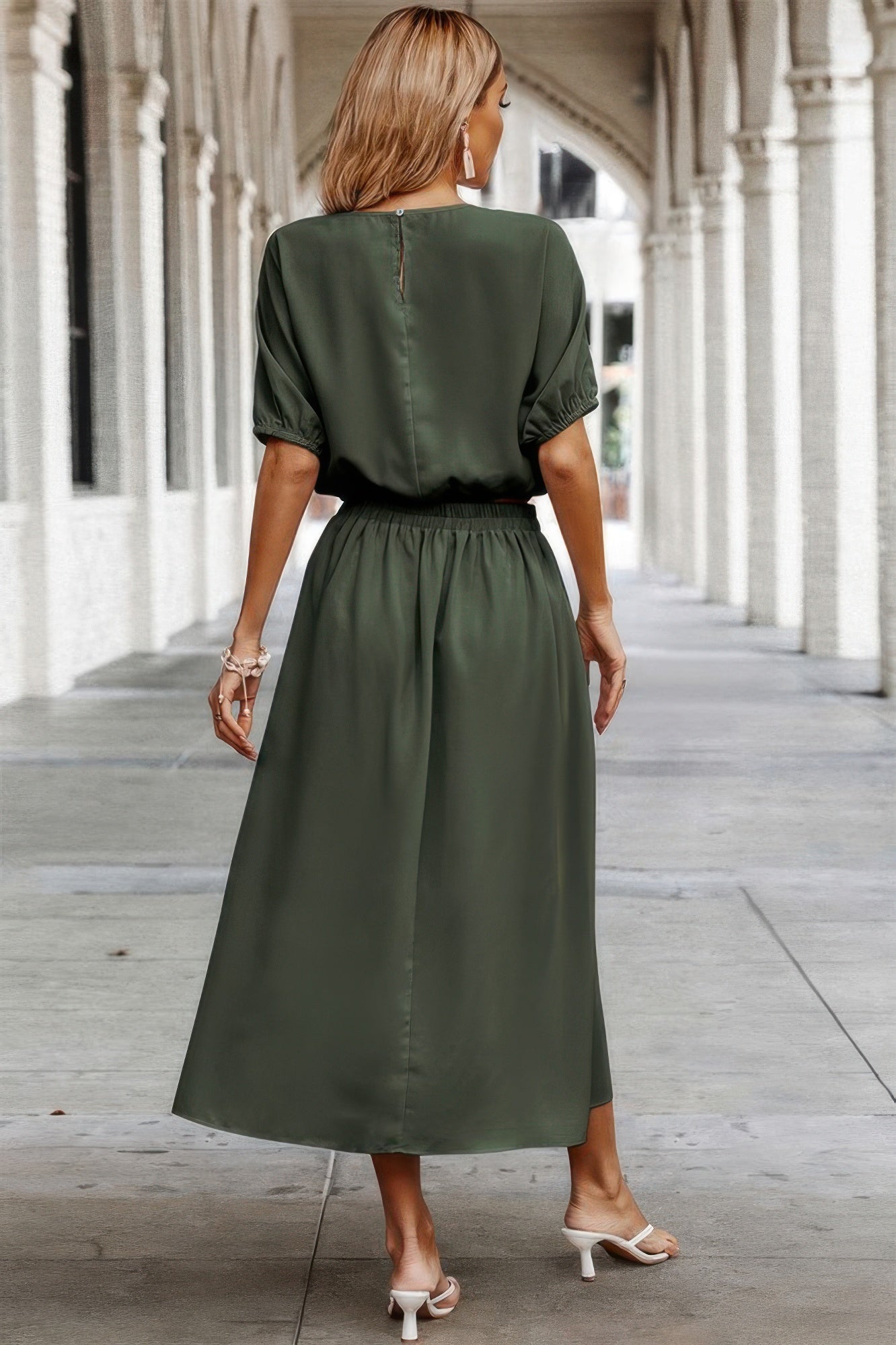 Two Pieces Solid Color Loose Puff Sleeve Pleated Shirt