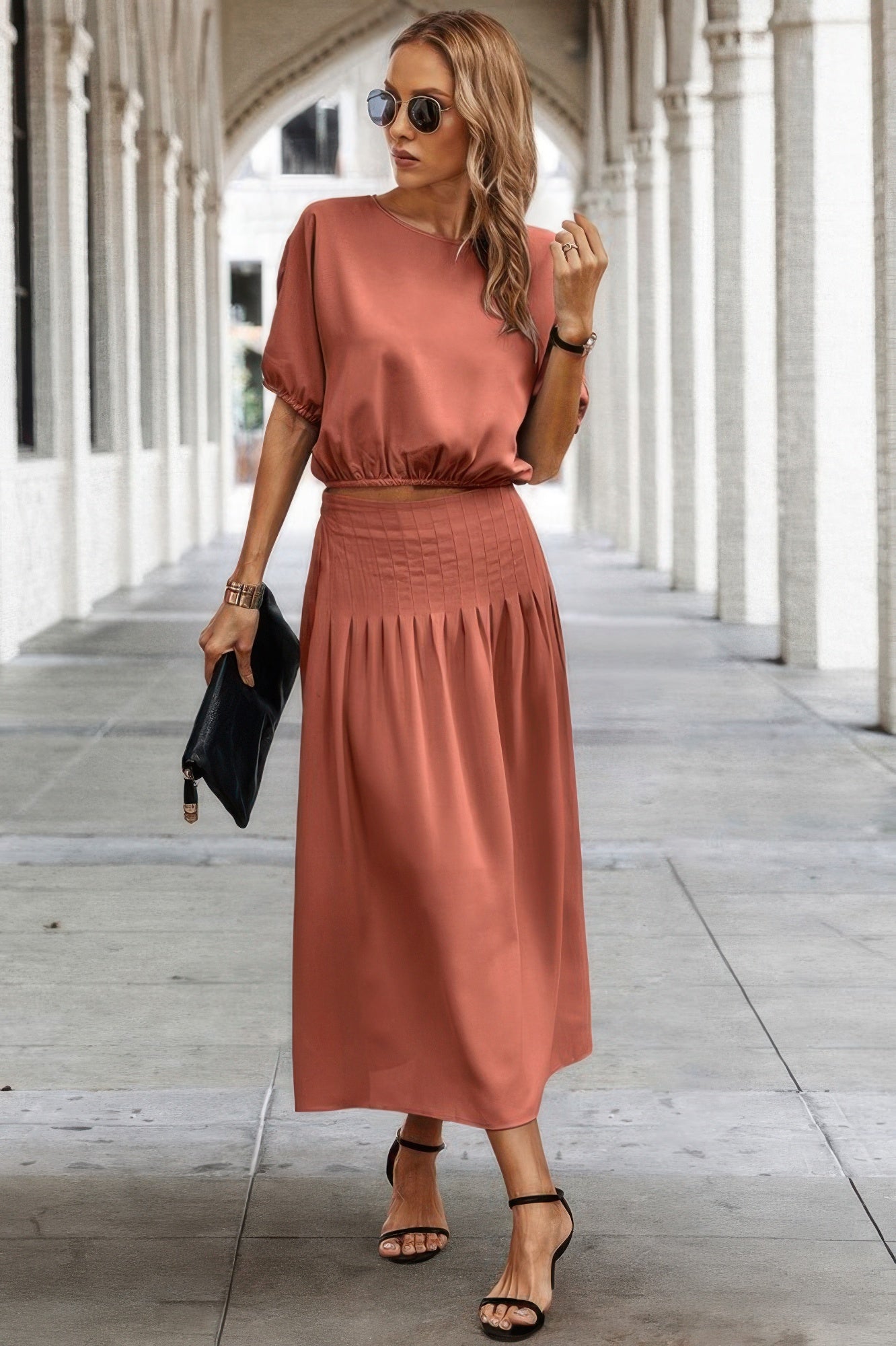 Two Pieces Solid Color Loose Puff Sleeve Pleated Shirt