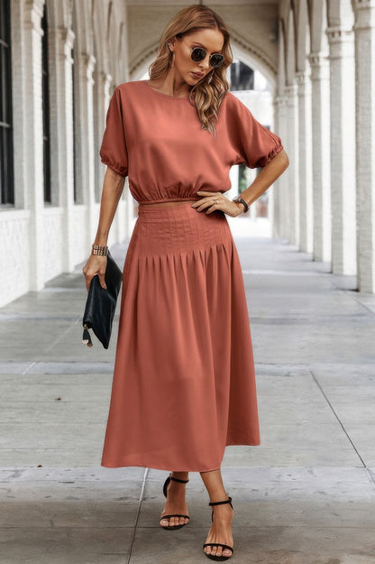 Two Pieces Solid Color Loose Puff Sleeve Pleated Shirt