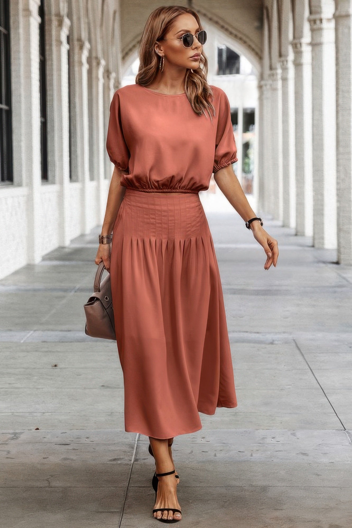Two Pieces Solid Color Loose Puff Sleeve Pleated Shirt