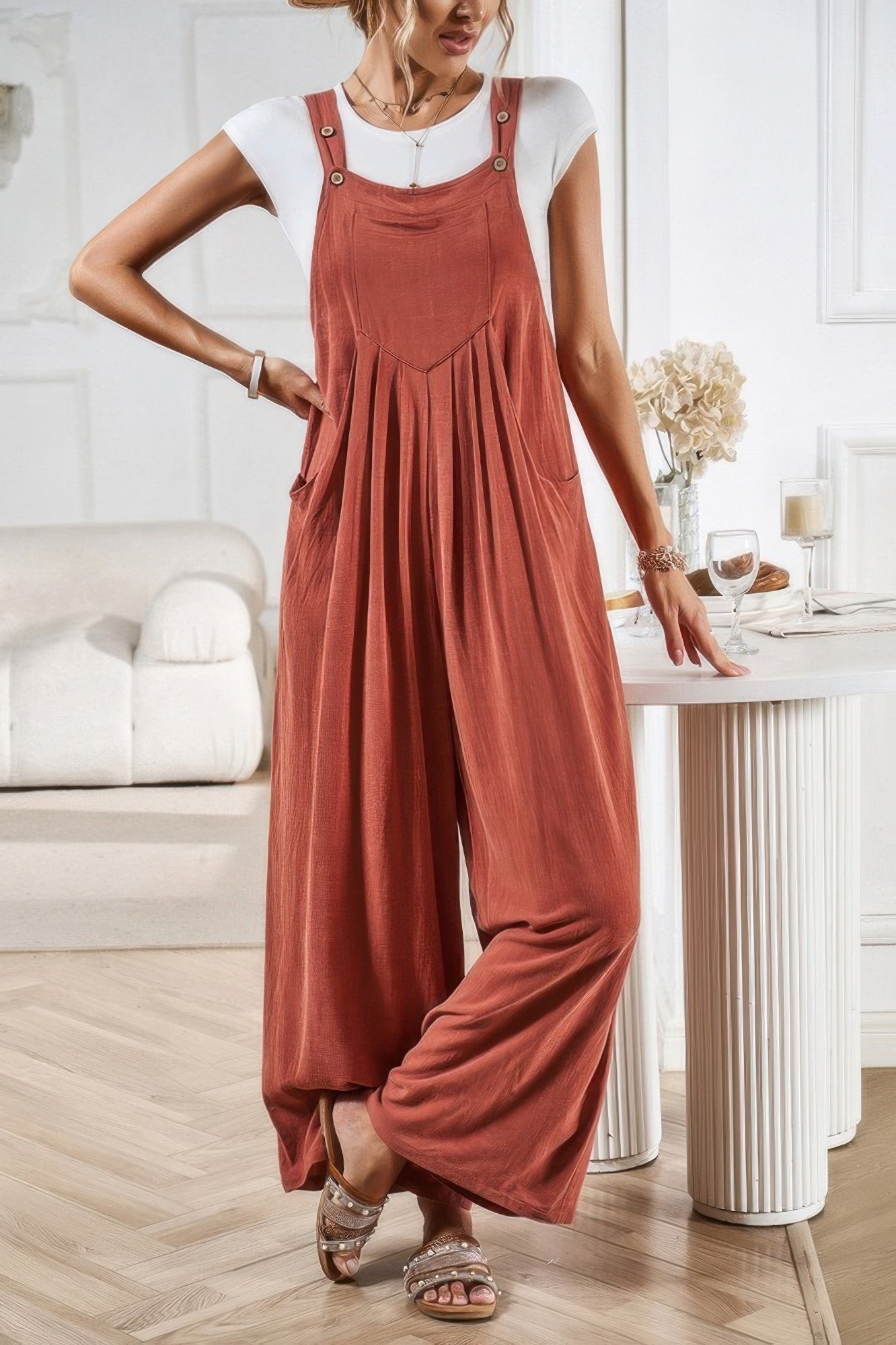 Button Detail Wide Leg Overall Pockets Jumpsuit