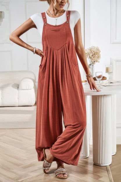 Button Detail Wide Leg Overall Pockets Jumpsuit