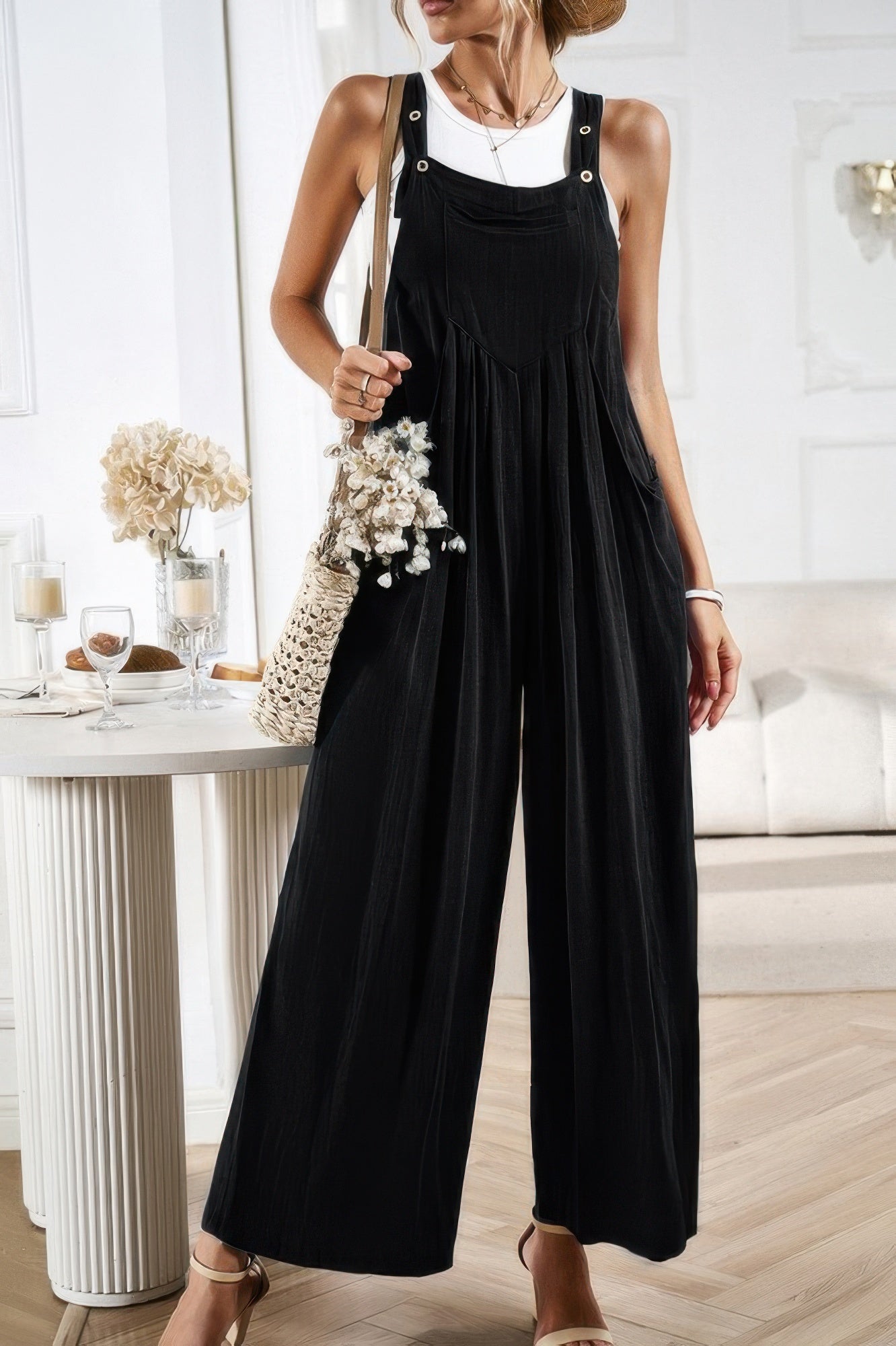 Button Detail Wide Leg Overall Pockets Jumpsuit