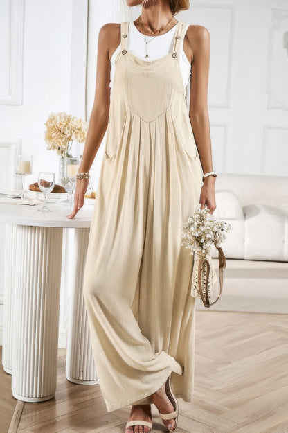 Button Detail Wide Leg Overall Pockets Jumpsuit