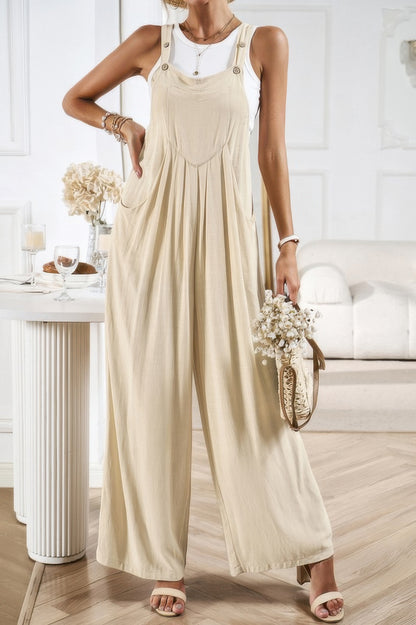 Button Detail Wide Leg Overall Pockets Jumpsuit