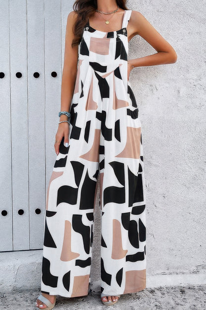 Geo Print Smocked Sleeveless Pockets Jumpsuit