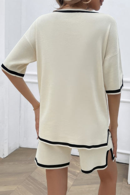 Knit Solid Deep V Neck Loose Drawstring Loose Set