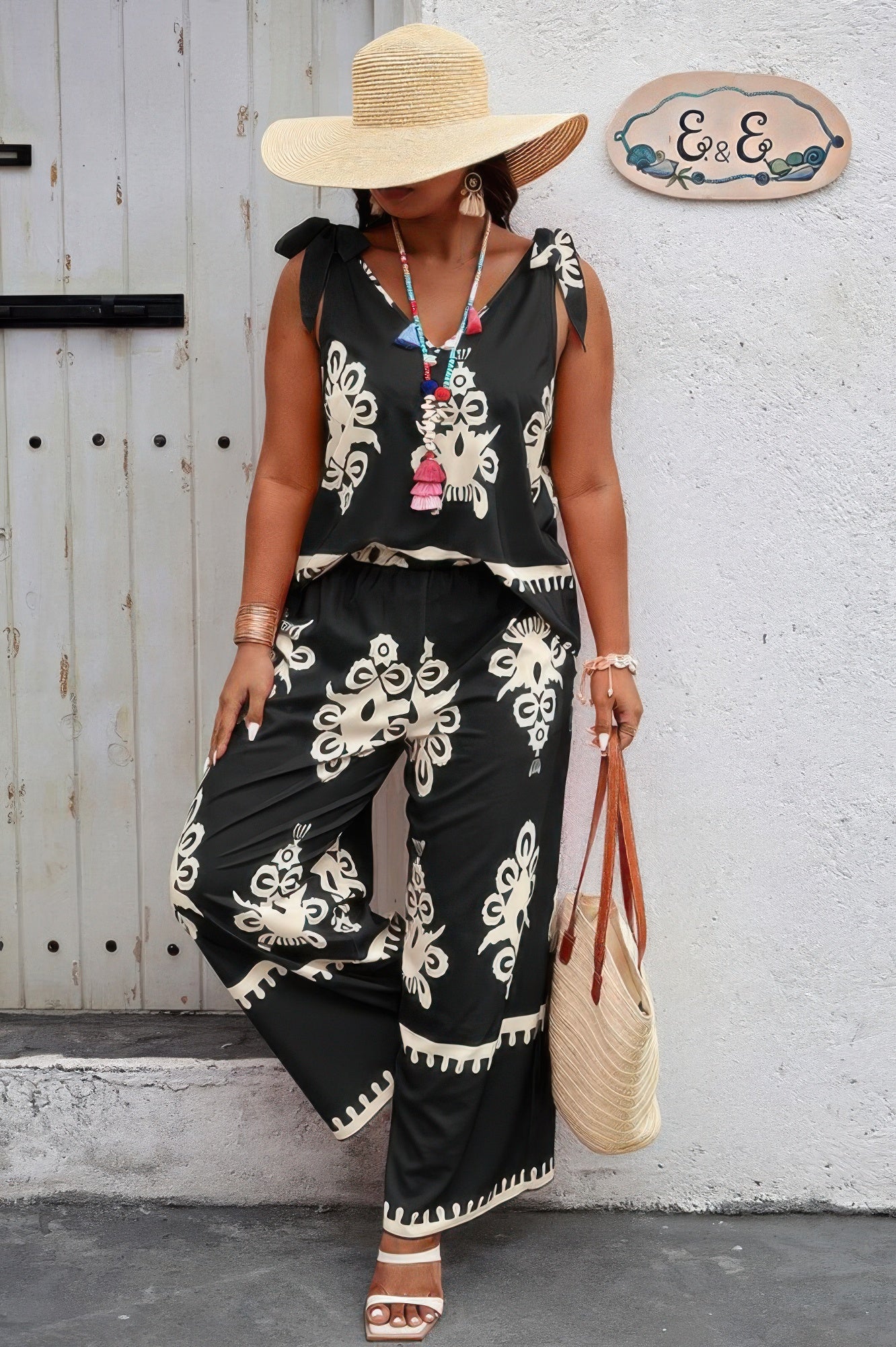 Plus Size Printed Knot Shoulder Wide Leg Sets