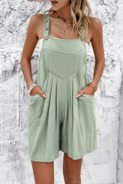 Square Neck Pockets Button Tirm Ruched Romper