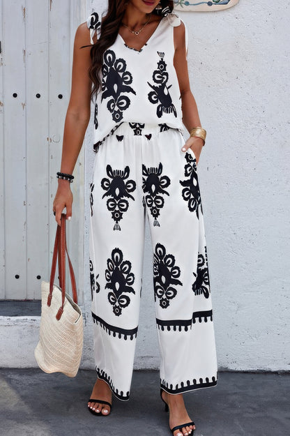 Floral Knot Shoulder Sleeveless Elastic Waist Sets