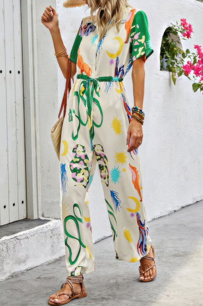 Allover Print Button Up Belt Jumpsuit