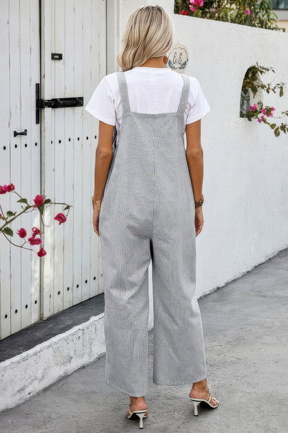Solid Square Neck Button Trim Pockets Jumpsuit
