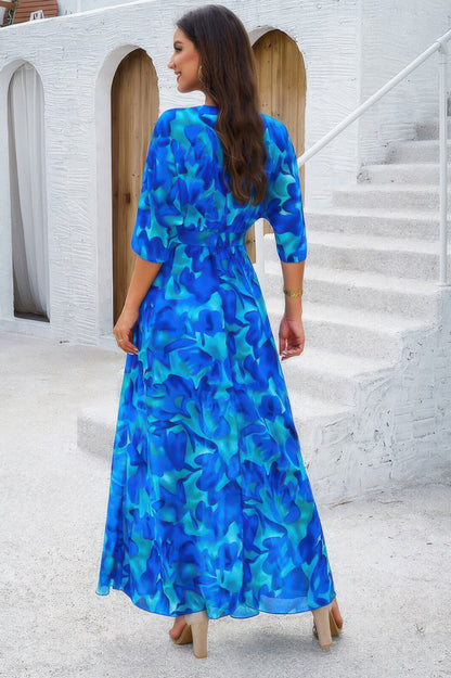 Floral Print V Neck Waist Cinched Split Long Dress