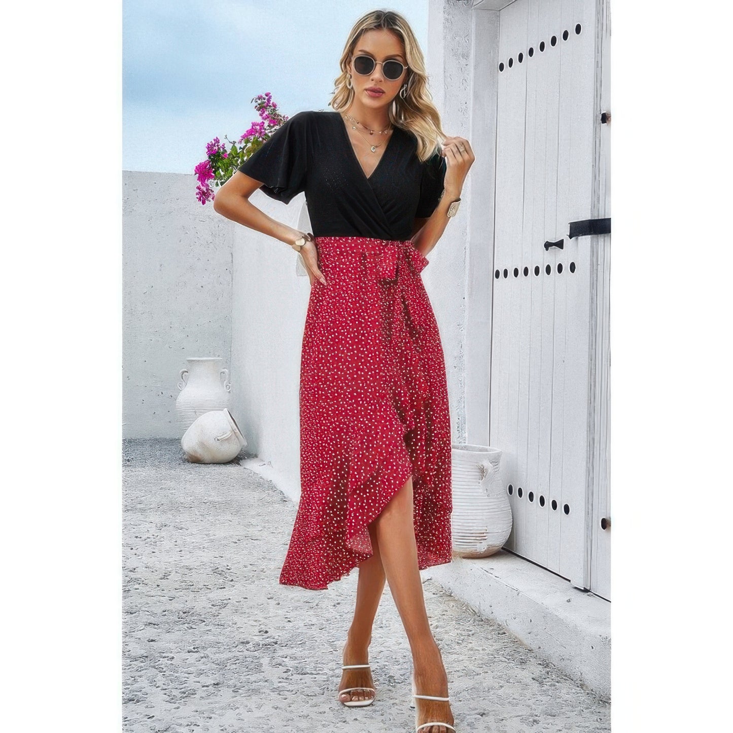 Cross Color Block Lace V Neck Belt Print Dress