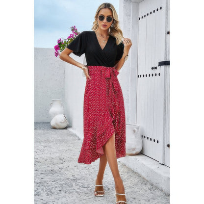 Cross Color Block Lace V Neck Belt Print Dress